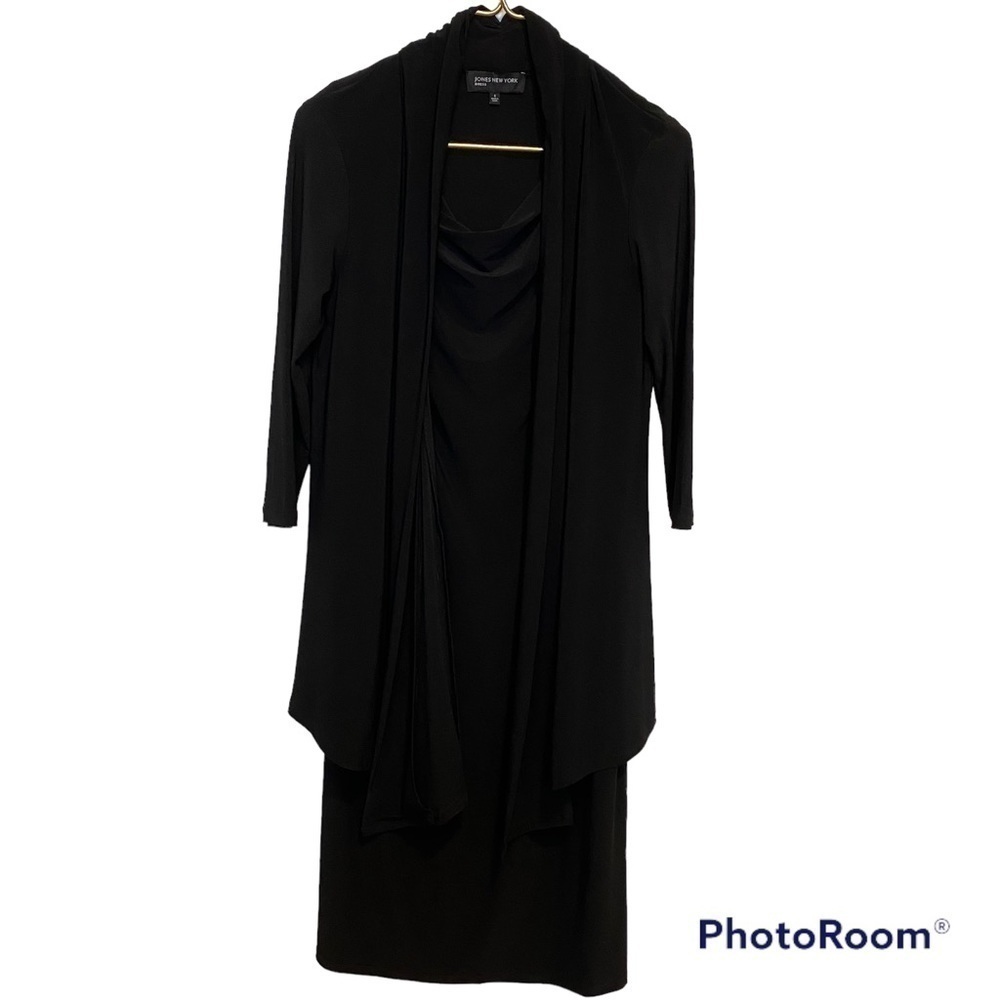 Jones New York black dress with cardigan 3/4 sleeve draped neck size 4
